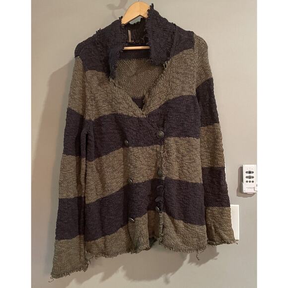 Free People Sweater Colorblock Stripe Double Breasted Cotton Cardigan Large - Picture 1 of 8